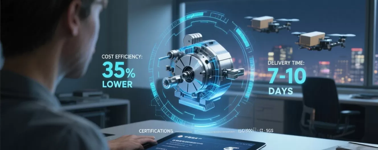 Μια φουτουριστική σκηνή δείχνει την τεχνολογία σαν ένα ολογραφικό τμήμα μηχανής και drones παράδοσης, με πληροφορίες σχετικά με το κόστος και το χρόνο παράδοσης